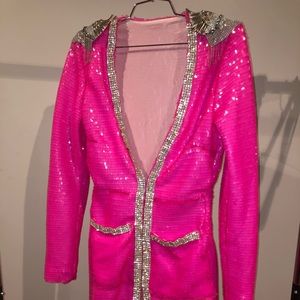 Hot Pink Sequin Mini Dress with Rhinestone Trim